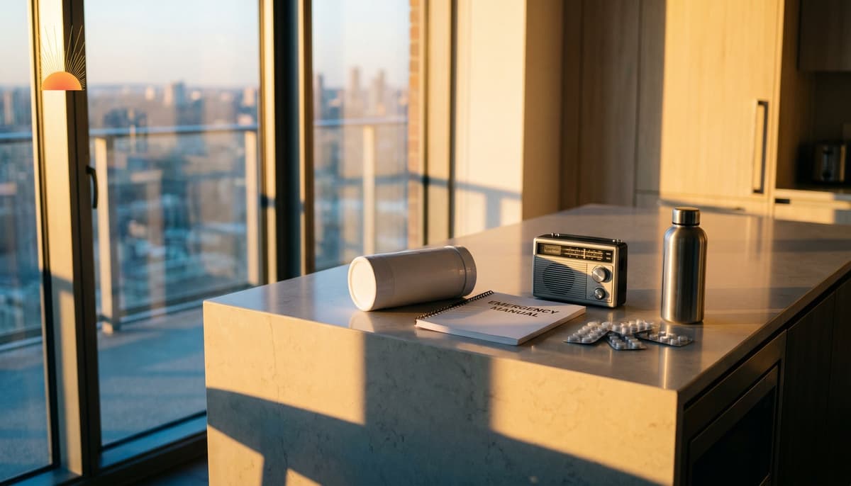 Modern apartment kitchen counter at golden hour with civilian emergency response kit, manual, battery radio, water flask, and blister packs — preparedness begins at home