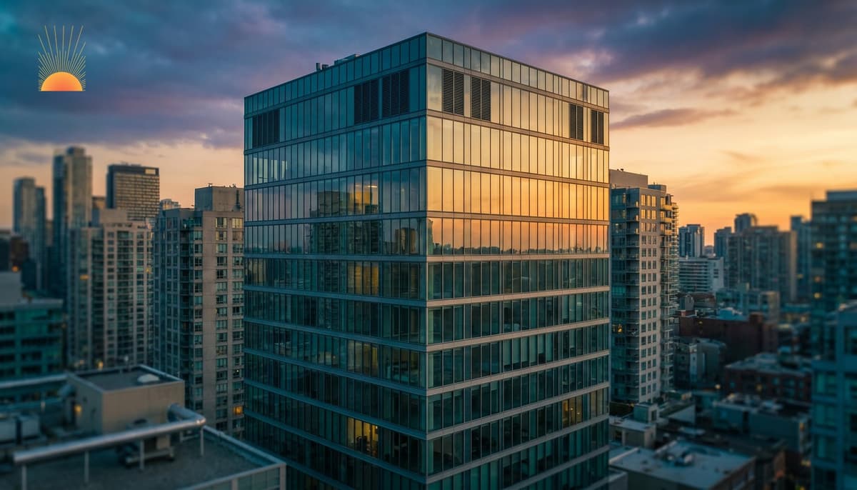Modern glass high-rise tower at dusk in dense urban skyline, sealed windows reflecting amber sky