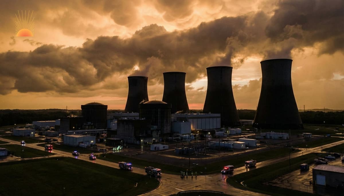 Nuclear power plant cooling towers silhouetted against a dramatic amber storm sky at dusk