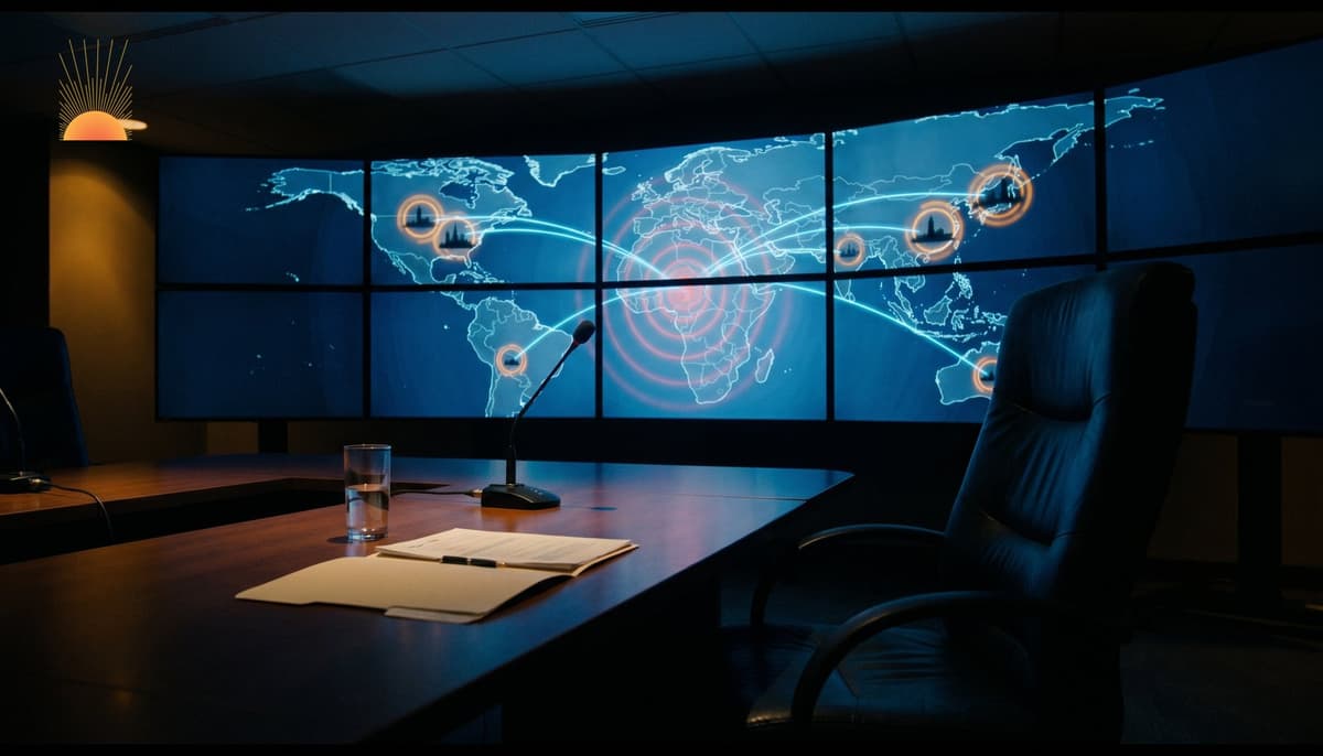 Dimly lit international emergency situation room with a curved monitor wall showing a glowing world map: red pulses radiating over central Africa for biological emergencies and amber rings over global nuclear-facility silhouettes for radiation alerts, illustrating WHO and IAEA repeated global preparedness warnings.