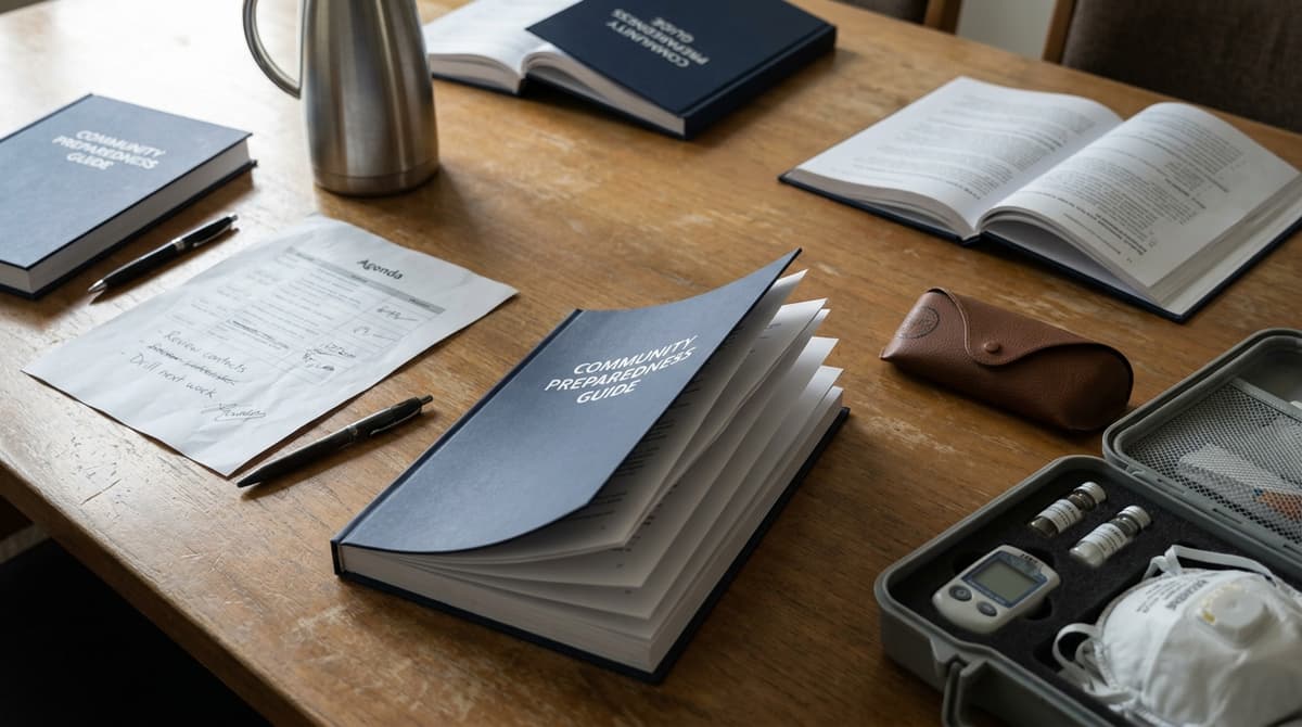 Preparedness training session — community preparedness manuals, structured response kit, and agenda laid out on a wooden conference table