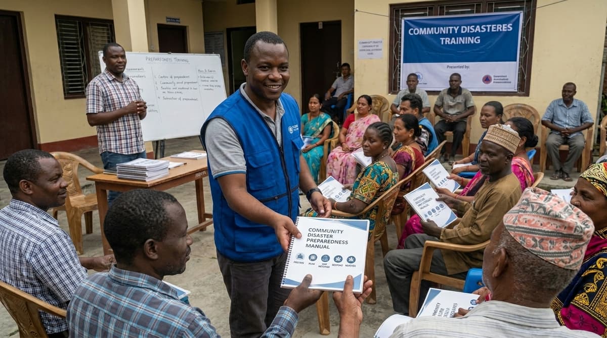 Trainer holding a Community Disaster Preparedness Manual during a civilian briefing session