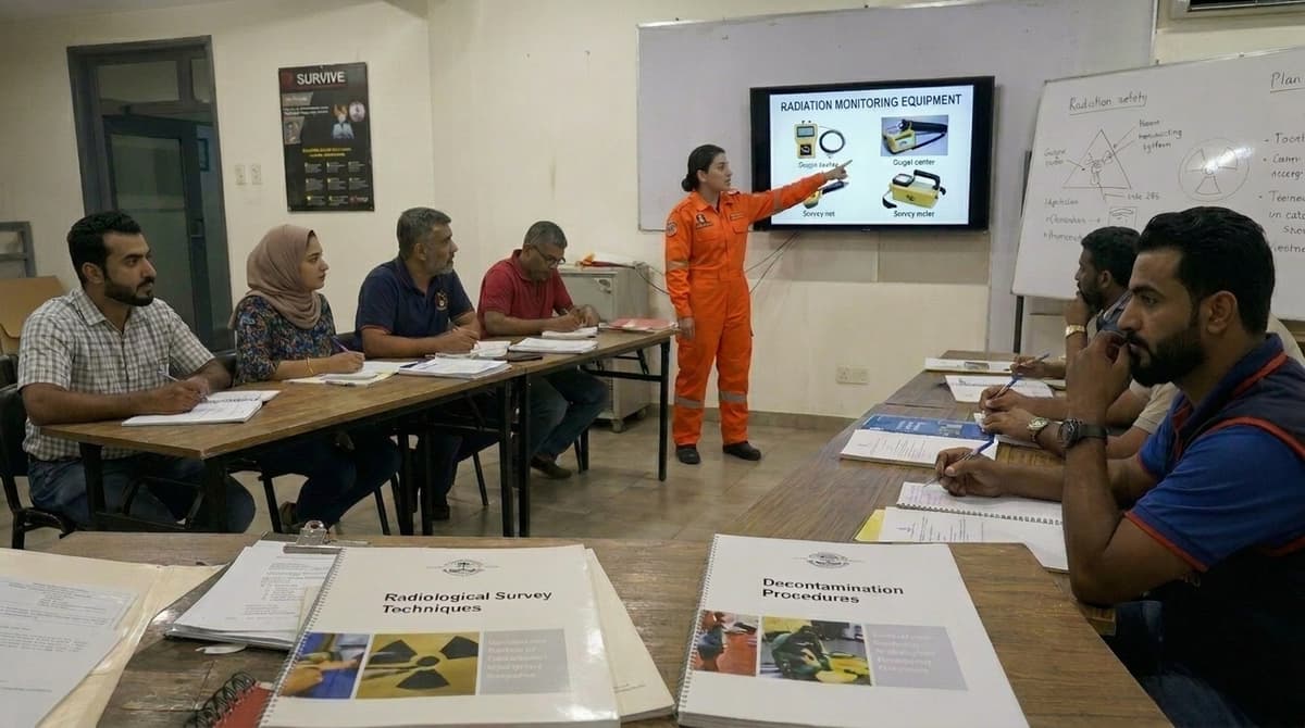 Female instructor in a civil-defence jumpsuit teaching a classroom on radiation monitoring equipment