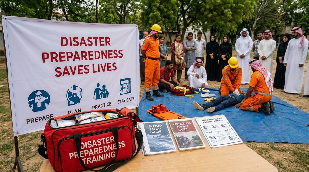 Outdoor multi-hazard preparedness demonstration with civil-defence personnel and disaster training kits