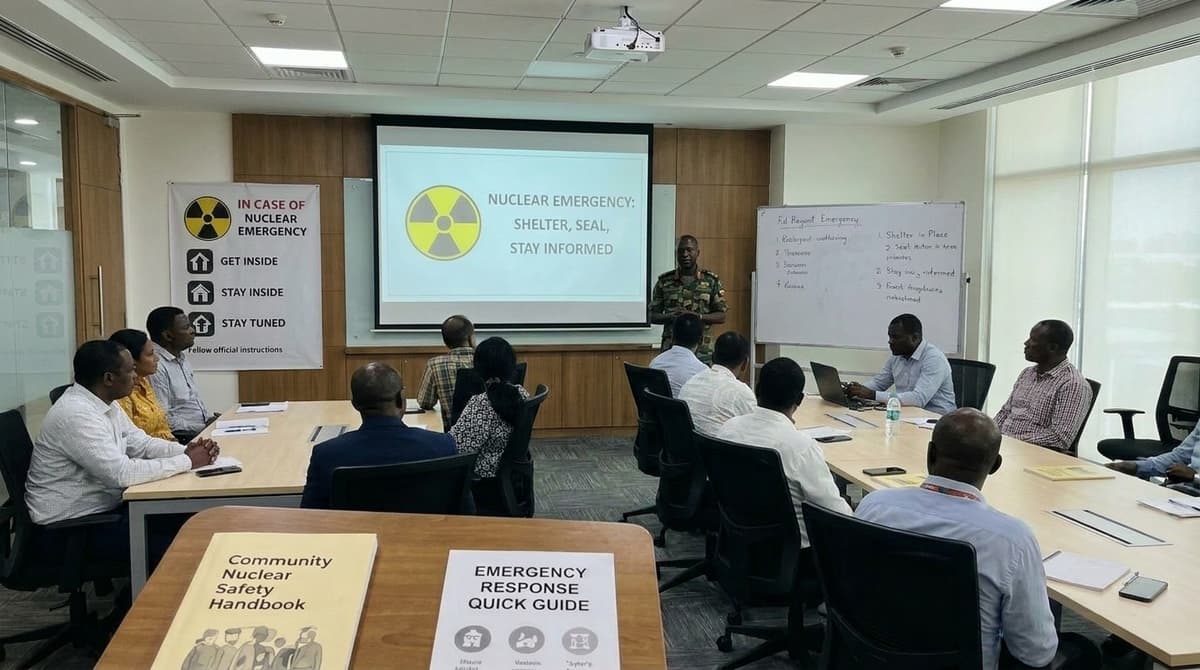 Institutional briefing on nuclear shelter-in-place protocols with audience seated around a conference table