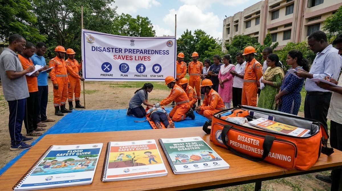 Civil-defence corps demonstrating CPR and disaster response procedures to a community audience