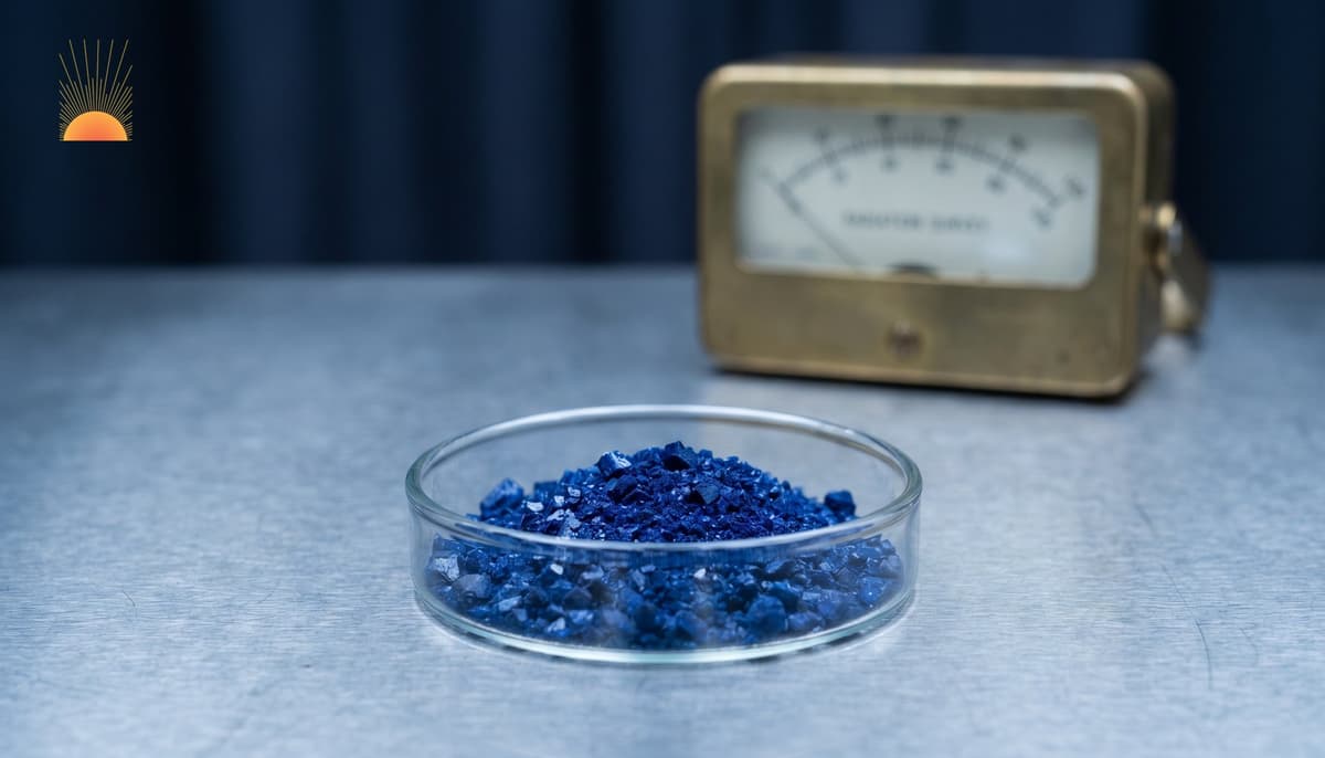 Deep Prussian-blue crystalline compound in a glass laboratory dish beside a brass radiation dosimeter dial