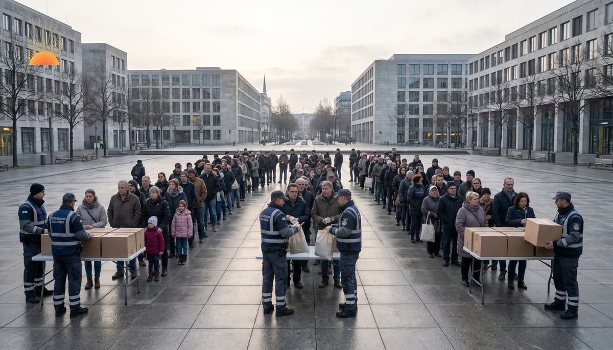 Civilians in queue receiving sealed emergency response kits from civil-defence officials in a European public square at dawn.