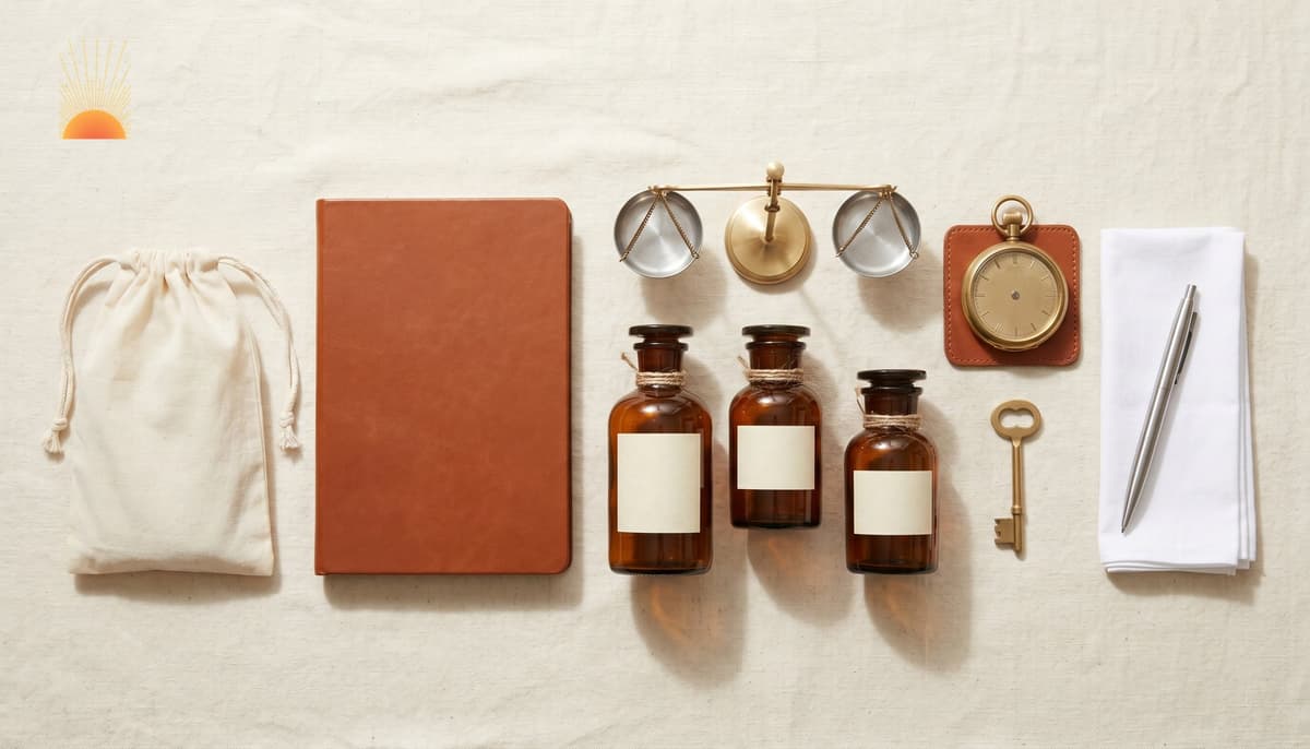 Bright-daylight overhead flat-lay of a civilian household preparedness kit on cream linen — unbranded muslin first-aid satchel, blank-cover leather emergency manual, three unbranded amber antidote bottles with blank labels, brass weighing balance, brass pocket dosimeter, brass key, brushed-steel pen on a white cotton handkerchief — symbolizing household-scale readiness.