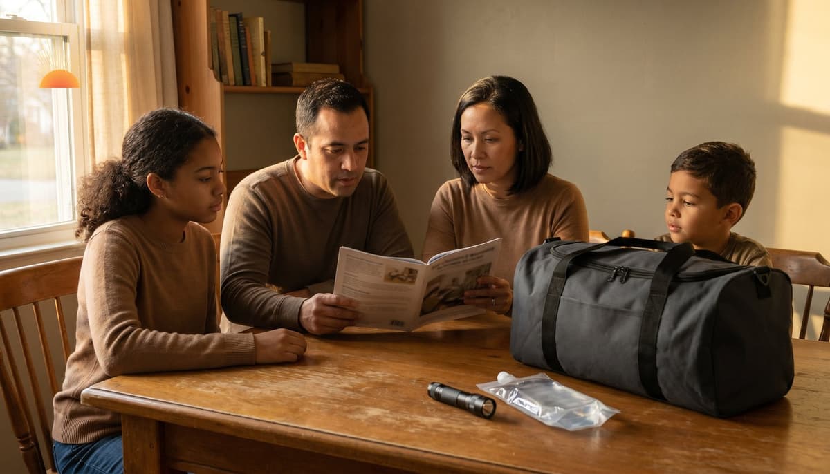 Mixed-ethnicity family of four at a wooden dining table reviewing an open emergency preparedness manual together, with an unmarked emergency response duffel and a flashlight beside them — civilian preparedness embedded in daily life.