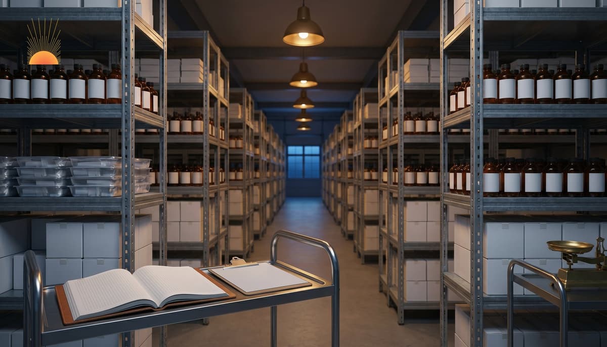 Institutional pharmaceutical stockpile warehouse interior at a quiet hour — tall industrial galvanized-metal shelving in symmetrical rows stretching to a far loading-bay window with deep blue twilight light, each shelf bay precisely organized with rows of unbranded amber pharmacy bottles interspersed with neat stacks of plain white cardboard cartons, a polished metal warehouse trolley in the foreground holding an open leather-bound procurement dossier and a brushed-steel clipboard, a small brass weighing balance on a side cart to the right, warm amber industrial pendant lighting from above and cool blue spill from the far window — institutional procurement readiness conveying scale and supply for national radiological stockpile planning