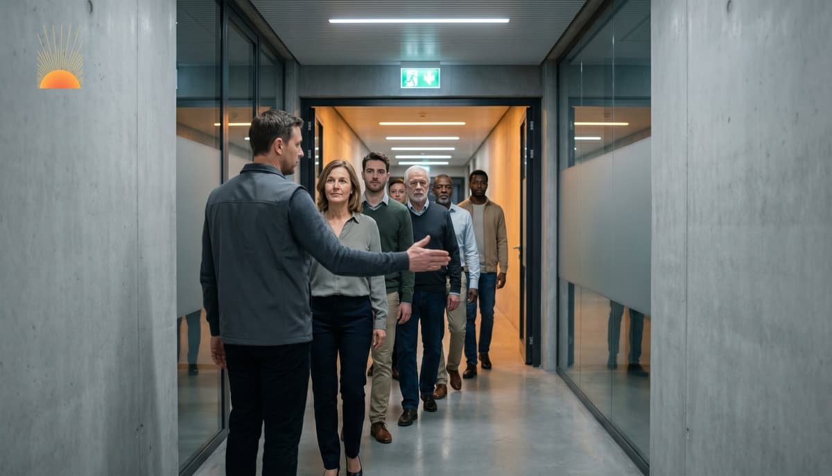 Trained civilian marshal calmly directing single-file group through evacuation corridor under green exit signage during a controlled emergency drill