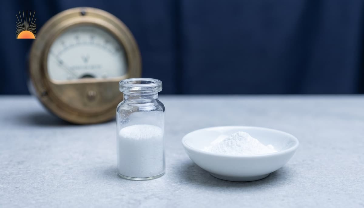 White crystalline potassium iodate compound in a glass vial and porcelain dish beside a brass dosimeter dial