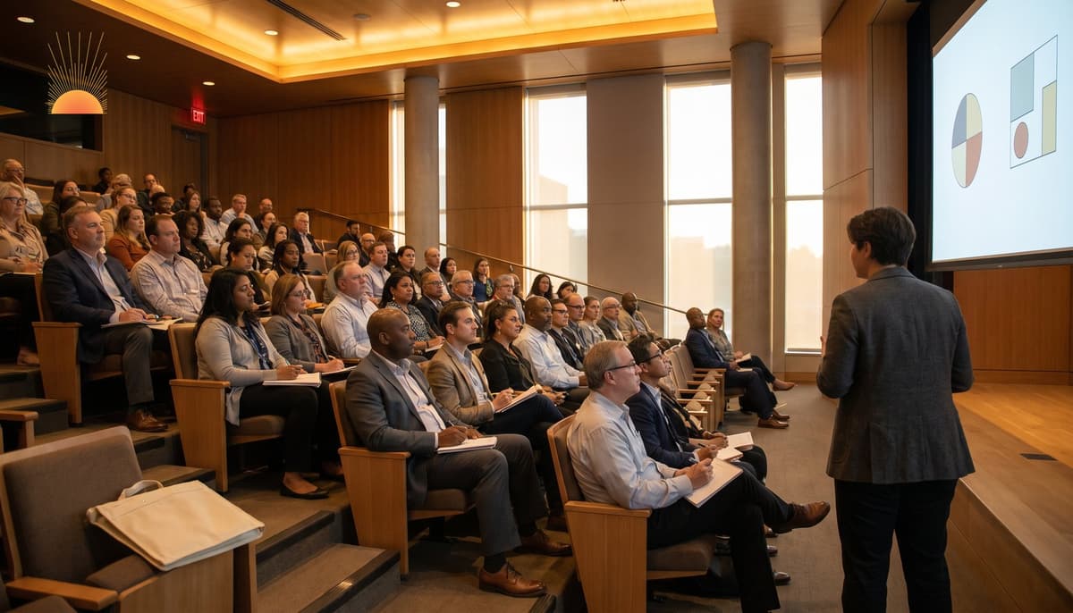 Diverse civilians in a modern civic auditorium during a national preparedness training session, instructor at front, warm institutional lighting