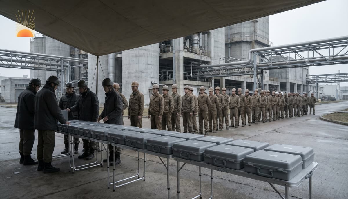 Frontline civil-defence responders distribute sealed institutional antidote cases to workers in coveralls at an industrial facility under overcast daylight.