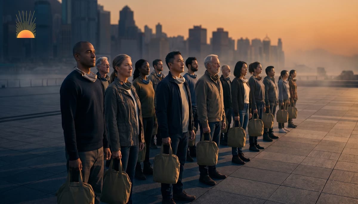 Diverse civilians standing ready at dawn with neutral emergency response kits — national preparedness in motion