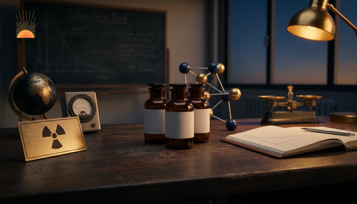 Dark walnut institutional preparedness desk at golden hour arranged as a multi-discipline scientific defence station — three unbranded amber pharmaceutical apothecary bottles clustered as the focal point with a brass molecular model behind, a brass radiation trefoil placard and analog dosimeter to the left, an antique brass desk globe, an open notebook with a hand-drawn exponential decay curve, a brushed-steel pen, a brass weighing balance, a chalkboard with faint chalk marks against the far wall, a brass desk lamp casting warm amber light, and a twilight sky through the window — institutional gravitas conveying the integrated chain of physics, chemistry, geography, biology, mathematics, and antidote chemistry that defines modern nuclear preparedness