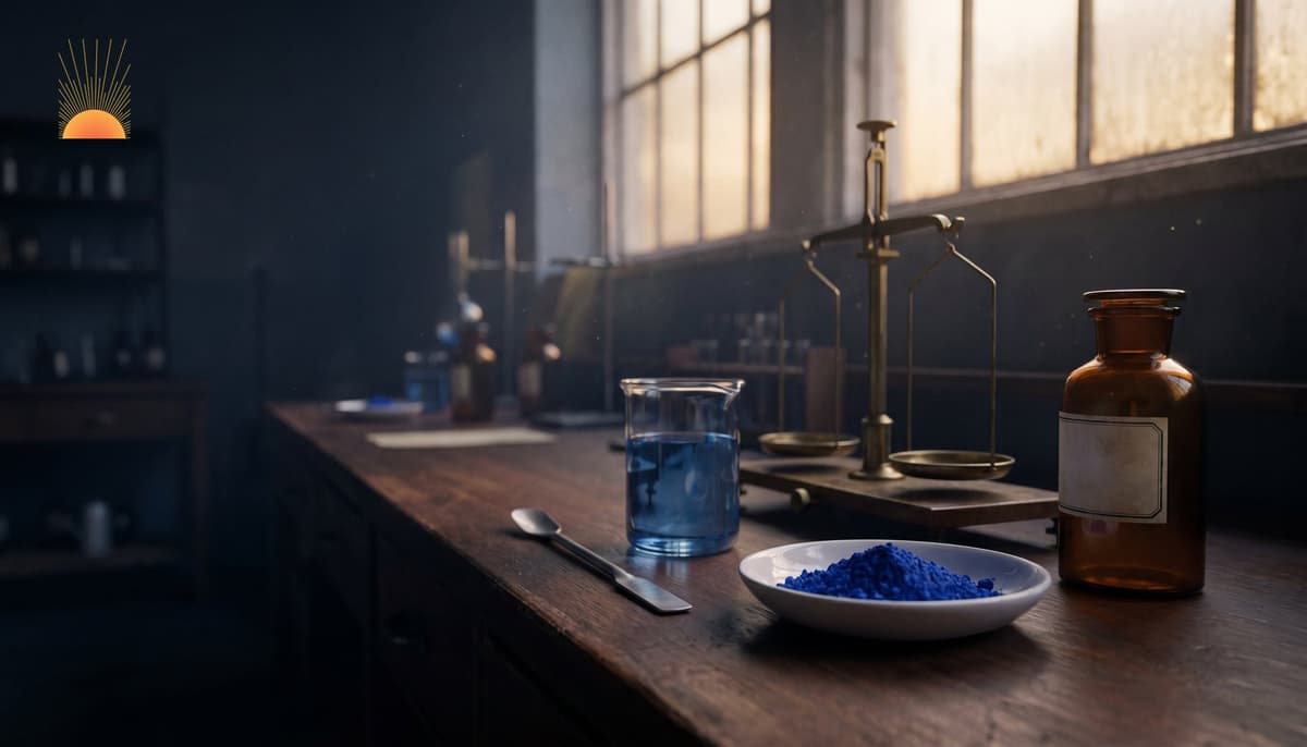 Cobalt-blue Prussian blue compound in a porcelain dish on an institutional laboratory bench